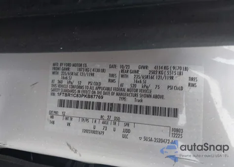 2023 Ford Transit-250 z USA, uszkodzony, nr VIN 1FTBR1C83PKB87769